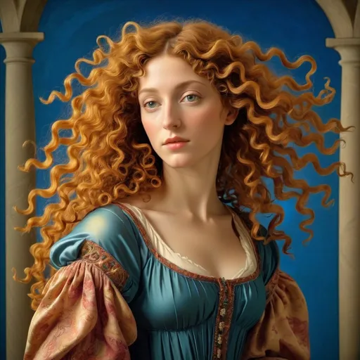 Prompt: Early Renaissance woman with curly hair, vibrant mythological scene, Sandro Botticelli style, linear, high quality, detailed, vibrant colors, soft lighting, mythological, curly hair, graceful, ethereal, Botticelli style, linear art, detailed clothing, vibrant atmosphere, Renaissance, elegant, professional, atmospheric lighting, intricate details