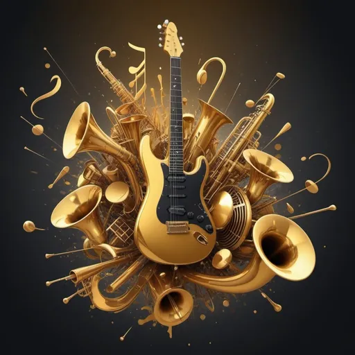 Prompt: "[Golden Monochrome Harmony]: [((vibrant)), ((dynamic)), (colorful), [3D Music Explosion], [create a visually dynamic splash art piece that captures the energy of music], [render subjects in a highly reflective, polished gold, set against a monochrome background], [depict musical notes, sound waves, and instruments with a burst of vibrant hues, enhancing the three-dimensional aspect], [experiment with different color combinations to evoke mood and rhythm]."