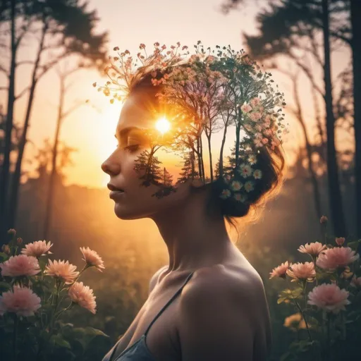 Prompt: double exposure of the flowers blending into a female human head, the trees and the sun setting behind them, ultra HD image, cinematic,