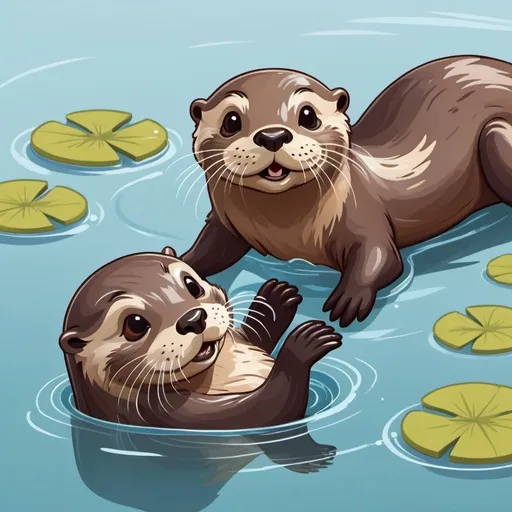 Prompt: two otters playing in the water, cartoon style