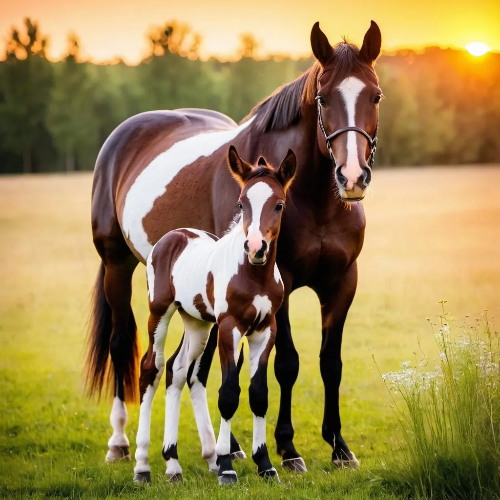 Prompt: a beautiful mare and her foal in a meadow at sunset