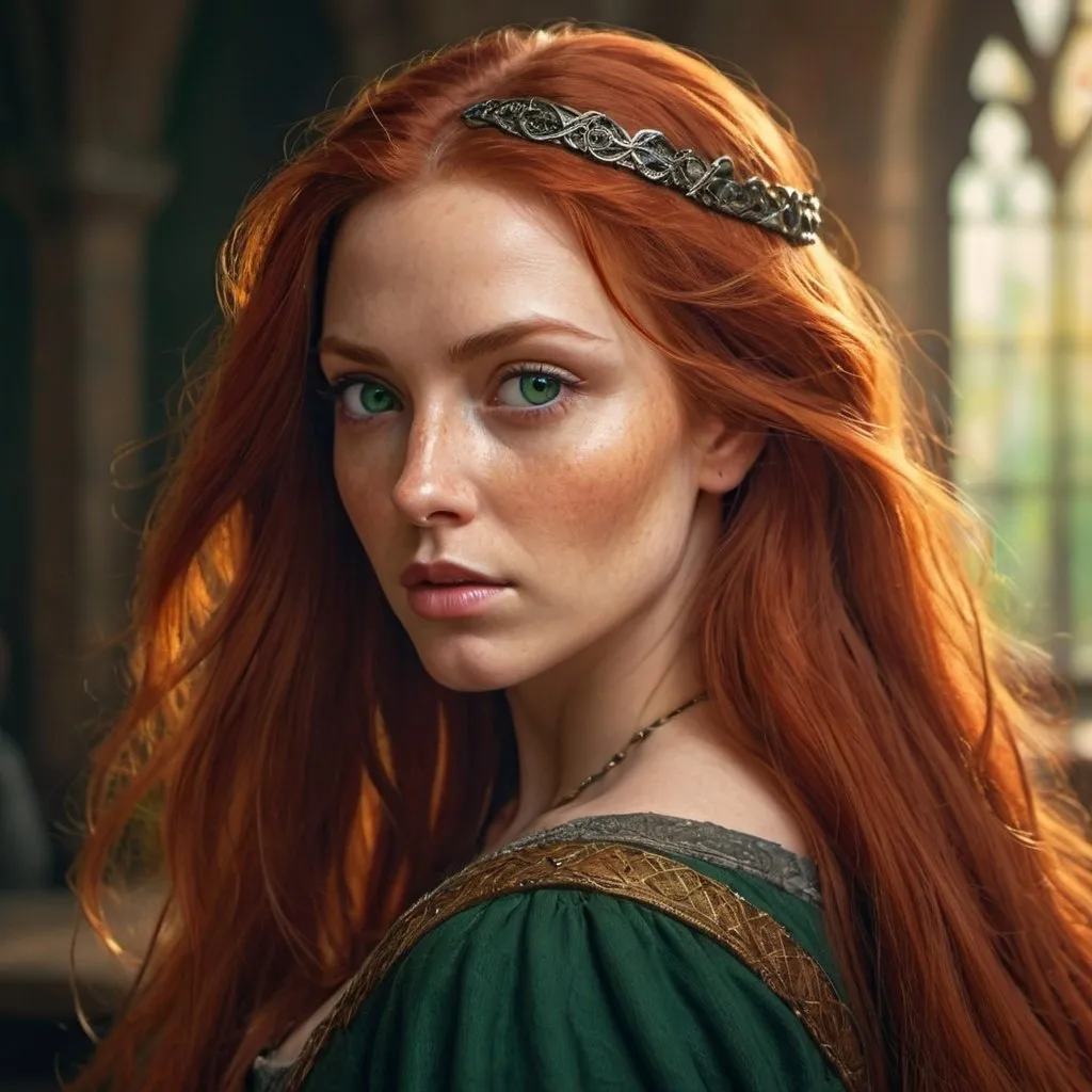 Prompt: Beautiful medieval woman, long red hair, deep green eyes.Hyperrealistic, splash art, concept art, mid shot, intricately detailed, color depth, dramatic, 2/3 face angle, side light, colorful background