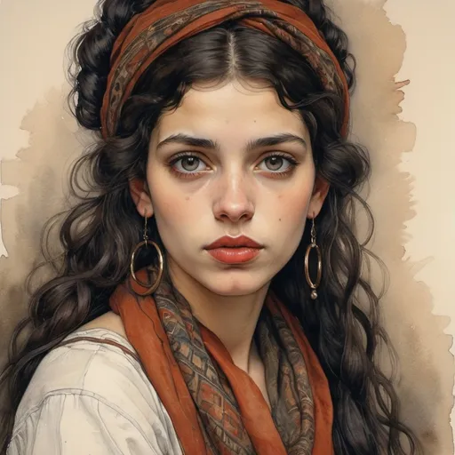 Prompt: Beautiful young Latin gypsy woman, festive costume, scarf around head, hoop earrings, bare feet), full lips, long brown black hair, alluring, night, by Egon Schiele, gustave dore, david mann, vintage photography,  beautiful,  tumblr aesthetic,  retro vintage style,  hd photography,  hyperrealism, graphite colored pencil drawing,  realistic,  natural, fine art, beautiful watercolor painting,  realistic,  detailed,  painting by olga shvartsur,  svetlana novikova,  fine art,  soft watercolor.