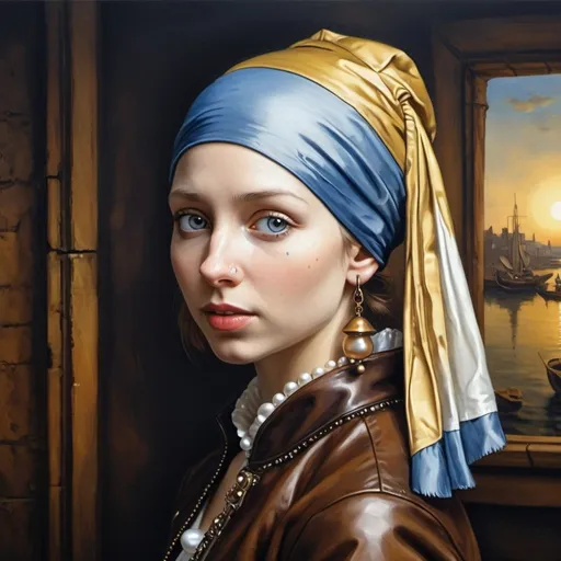 Prompt: A steampunk painting of "The girl with the pearl earring", the steampunk girl wearing the leather suit, by Johannes Vermeer, sunrise, small pearl shiny, 8k