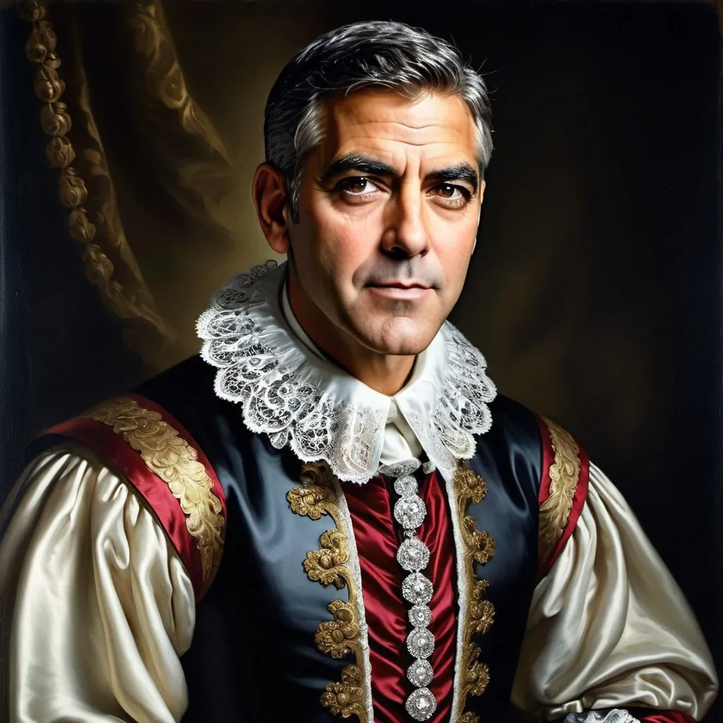 Prompt: A regal portrait painting of George Clooney in the grandeur of 17th-century Baroque art, ornate clothing, dramatic lighting, confident expression, detailed lace collar, oil painting style, formal pose