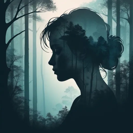 Prompt: Double exposure portrait of a (sad woman silhouette :1.5) side profile, merged with a (mystical forest scene: 0.7) , blank background, vector illustration, liquid ink, fluid, expressive, different shades and tones, captivating atmosphere, tone mapped, centered,  intricate, elegant, highly detailed, digital painting, artstation,abstract, concept art, smooth, sharp focus, illustration , minimalist 