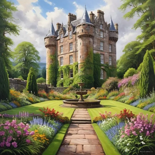Prompt: Castle in Scotland with blooming garden, lush greenery, majestic architecture, high definition, realistic, oil painting, serene atmosphere, vibrant colors, natural lighting, detailed textures, historic, romantic setting, picturesque landscape, grandeur, traditional, Scottish, garden flowers, tranquil, peaceful ambiance