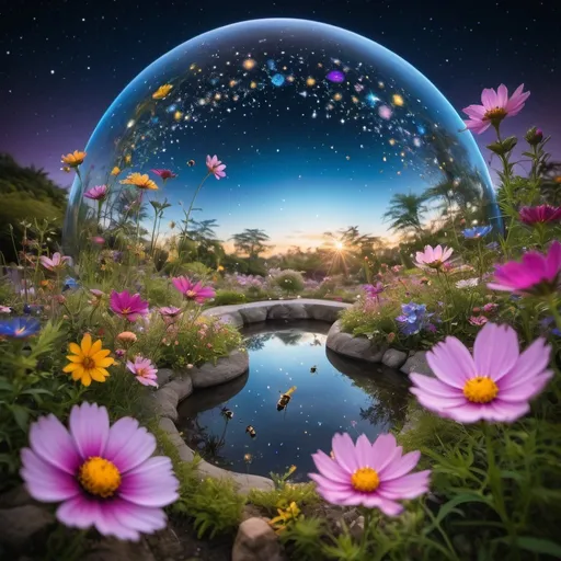 Prompt: Surreal garden with blurred boundaries between earth and cosmos, flowers transform into miniature planets hosting diverse ecosystems, bees mimic comets, darting, dispersing stardust, sky reflects garden below with star patterns resembling exotic flora, celestial bodies glimmer like bioluminescent blooms, nature's harmony with cosmos, Miki Asai Macro, hyper-focused, Greg Rutkowski's intricate st