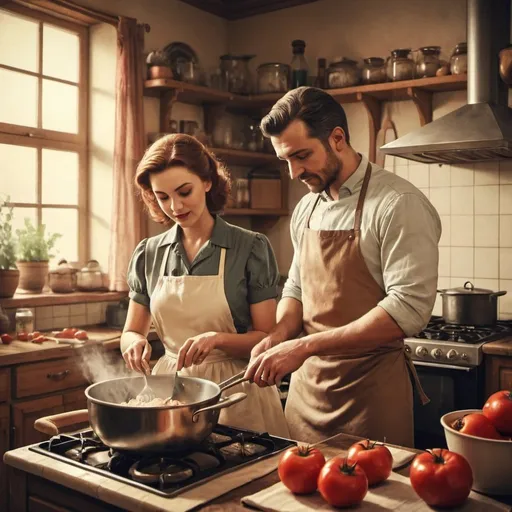 Prompt: a man and a woman are cooking together in the kitchen,vintage, digital art