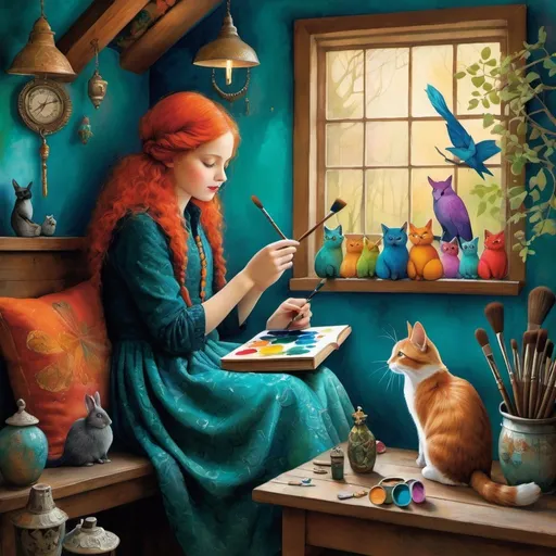 Prompt: Use style of Dina Wakley, Victor Nizovtsev, Gabriel Pacheco, Catrin Welz-Stein: In a cozy corner of her quaint attic studio, a very cute girl finds solace amidst her solitude, surrounded by a whimsical menagerie of imaginary pet friends. With brushes in hand, she breathes life into her creations, blending watercolors, patinas, acrylics, encaustic paint to capture their vibrant personalities. 