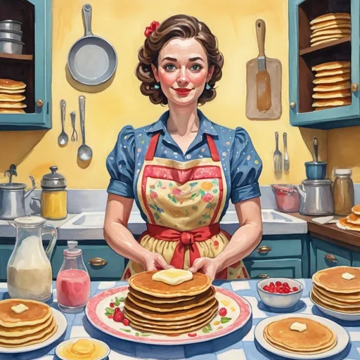 Prompt: A whimsical illustration of a housewife in a vintage apron, surrounded by a variety of pancake flavors and toppings, each one more delicious-looking than the last. in Gouache Style, Watercolor, Museum Epic Impressionist Maximalist Masterpiece, Thick Brush Strokes, Impasto Gouache, thick layers of gouache watercolors textured on Canvas, 8k Resolution, Matte Painting