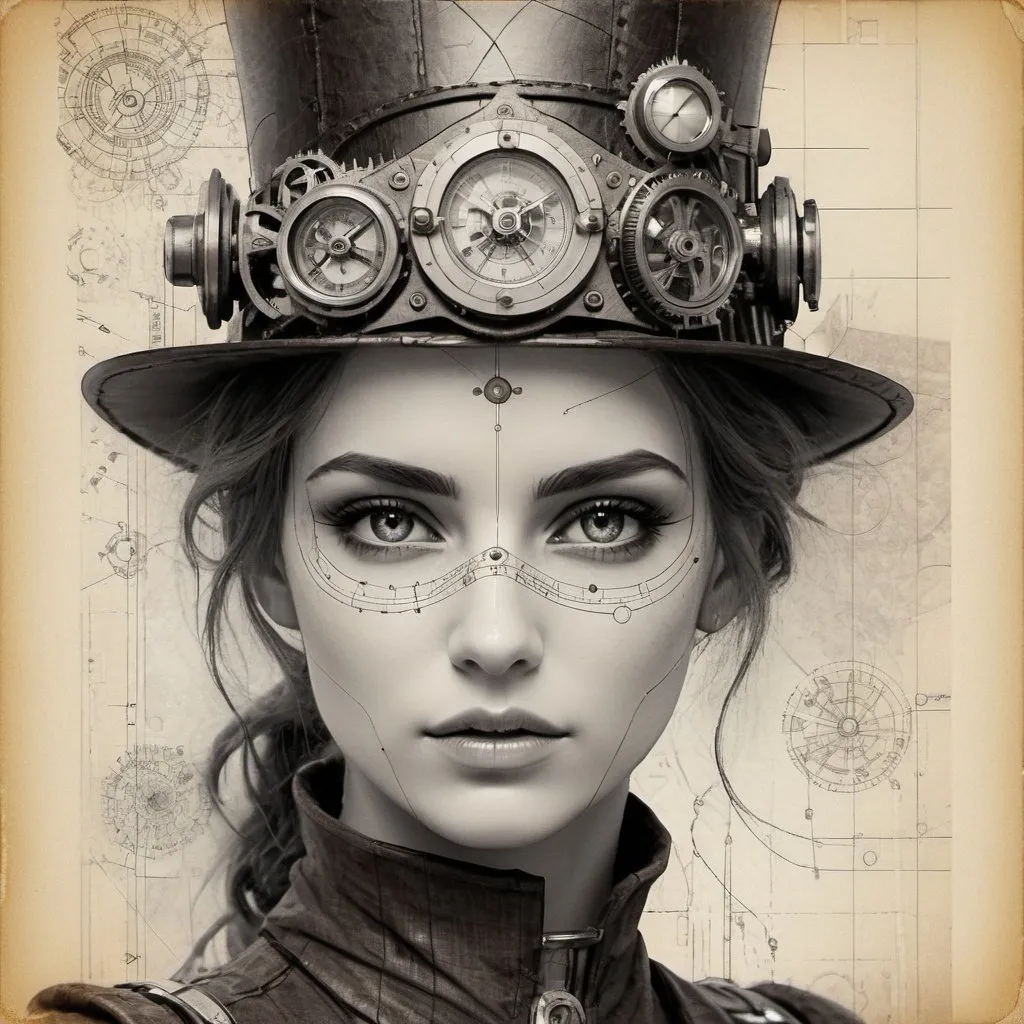 Prompt: Sketch, fine lines and shading, scattering of dots and lines  adding a contemporary glitch effect, textured background with schematics, cracked paper, steampunk female, sharp eyes glittering , sharp focus on eyes, vintage postcard, fantasy, fairytale