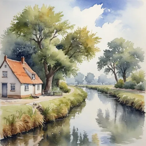 Prompt: een idylisch dorpje aan de oever van een rivier, watercolor