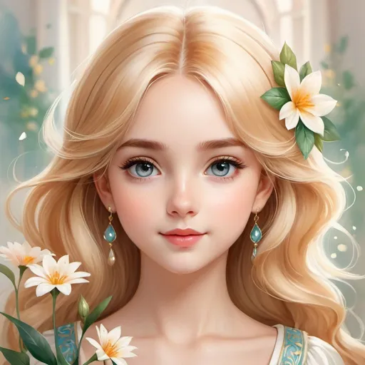 Prompt: a cute girl, hair venetian blond, flower, smooth soft skin, symmetrical, soft lighting, detailed face, concept art, digital painting, looking into camera, kids story book style, muted colors, watercolor style