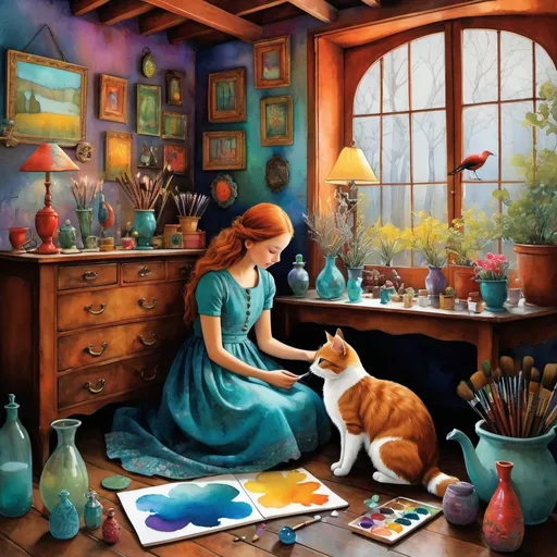 Prompt: Use style of Dina Wakley, Victor Nizovtsev, Gabriel Pacheco, Catrin Welz-Stein: In a cozy corner of her quaint attic studio, a very cute girl finds solace amidst her solitude, surrounded by a whimsical menagerie of imaginary pet friends. With brushes in hand, she breathes life into her creations, blending watercolors, patinas, acrylics, encaustic paint to capture their vibrant personalities. 