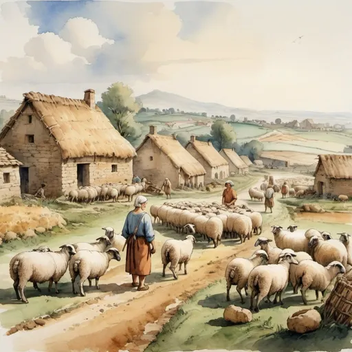 Prompt: depiction of a Neolithic village with inhabitants engaged in farming and crop cultivation, sheeps, capturing the essence of early agricultural practices Canaletto renaissance painting watercolor
