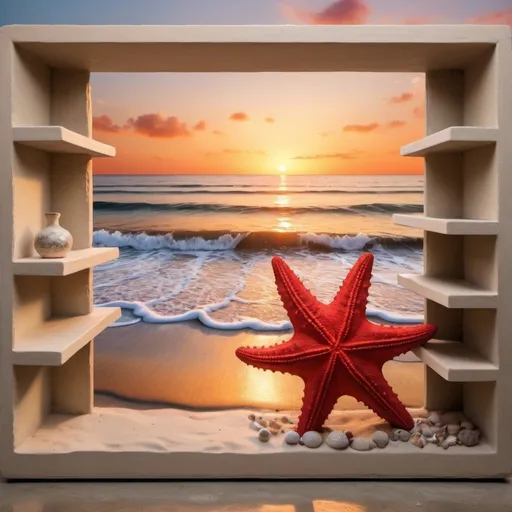 Prompt: a red starfish with shelves around it on the seashore at sunset, fresco