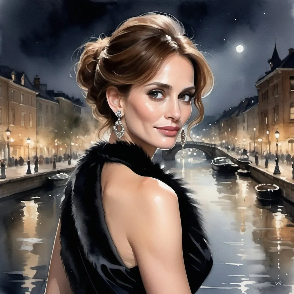 Prompt: Watercolor wash painting, Portrait of a beautiful woman with an elegant black dress, fur stole, perfect face, perfect large eyes, elegant brown hair, diamond earrings, Julia Roberts, Harrison Fisher, walking along a river, night time Epic cinematic brilliant stunning intricate meticulously detailed dramatic atmospheric maximalist digital matte painting