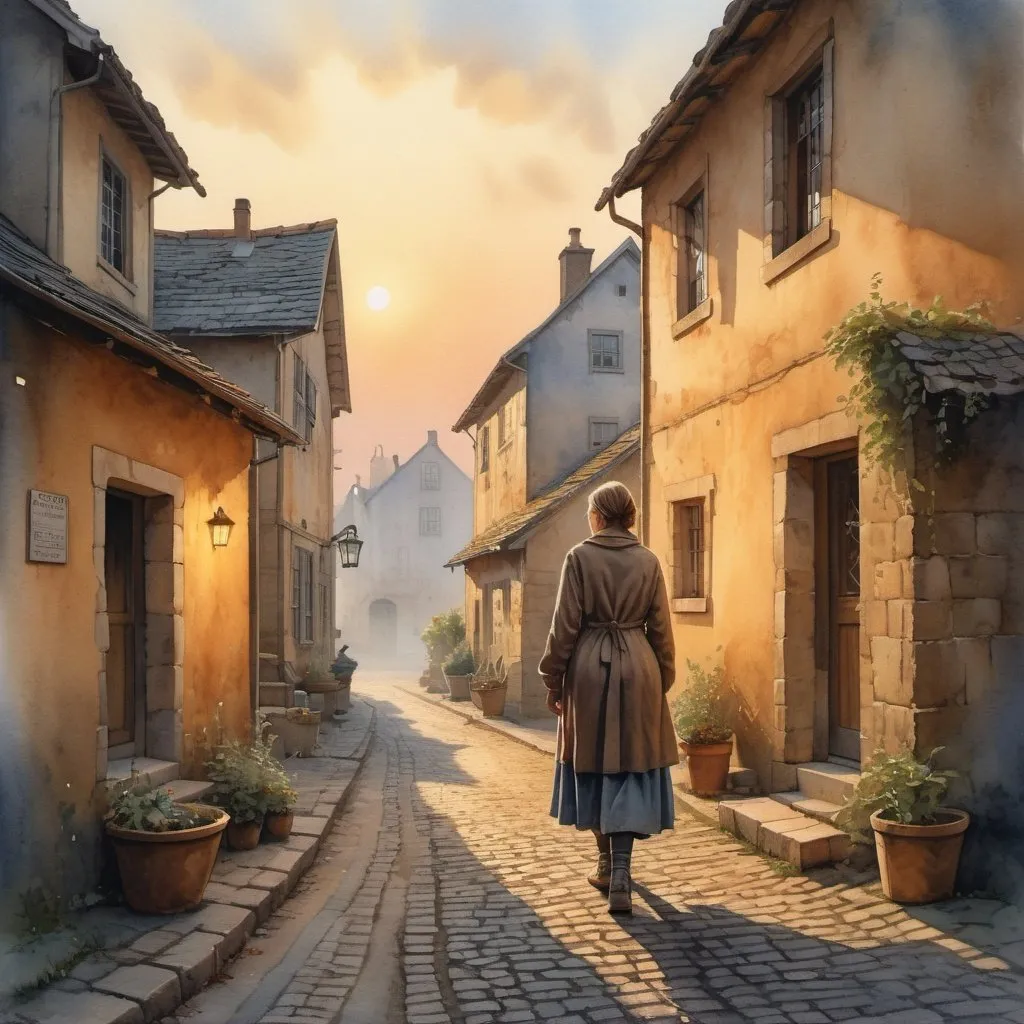 Prompt: Watercolor of a rustic village in the serenity of early morning, cobblestone streets lead to an infirmary, woman walking with purpose, mist clinging low, golden sunrise casting hopeful glow, Greg Rutkowski style, trending on ArtStation, sharp focus, resembling a studio photo, intricate details of village life and architecture, highly detailed, evoking warmth and invitation, dramatic lighting, golden ratio.