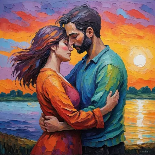 Prompt: a couple embracing eachother at twilight neo-impressionism expressionist style oil painting, smooth post-impressionist impasto acrylic painting, thick layers of colourful textured paint