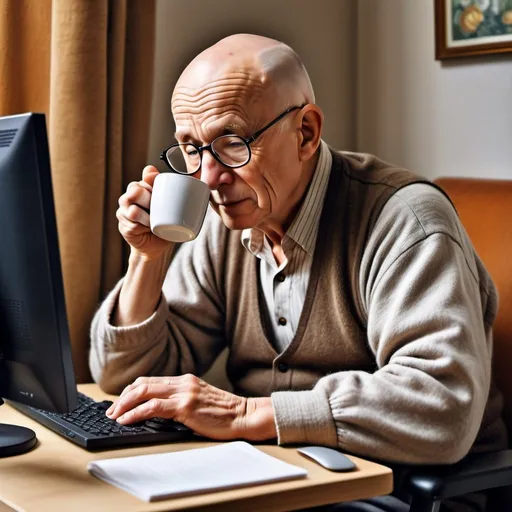 Prompt: elderly man, glasses, bald, with a small belly sits at the computer and drinks coffee, style renoir