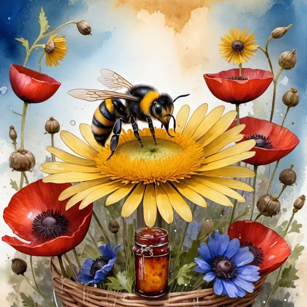 Prompt: a beautifull great bee plays in the in Summer Daisies  and blue and red poppies,a spike, cherry jam a burdock flower and a yellow cupola, in a small basket made of birch bark Side lighting, wet on wet grunge, watercolor, background-kitchen, 
golden ratio, divine beauty, macro photography, highest resolution, :1.5;8k 