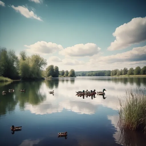 Prompt: Watercolour, lake with ducks and beautiful sky Cinematic film still, shot on v-raptor XL, film grain, vignette, color graded, post-processed, cinematic lighting, 35mm film, live-action, best quality, atmospheric, a masterpiece, epic, stunning, dramatic
