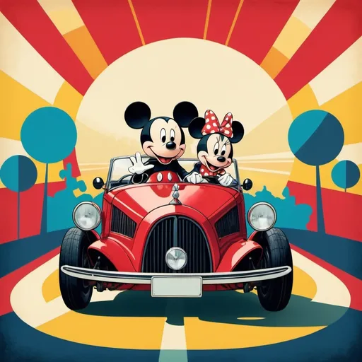 Prompt: a vintage disney illustration of mickey and minnie mouse driving a car Screen print, pop art, splash screen art, triadic colors, digital art, 8k resolution trending on Artstation, golden ratio, symmetrical, rule of thirds, geometric bauhaus