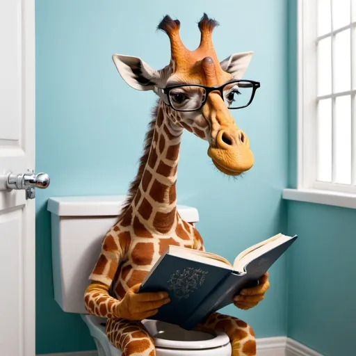 Prompt: a giraf sits on the toilet and reads a book. He has spectacles on his nose. 