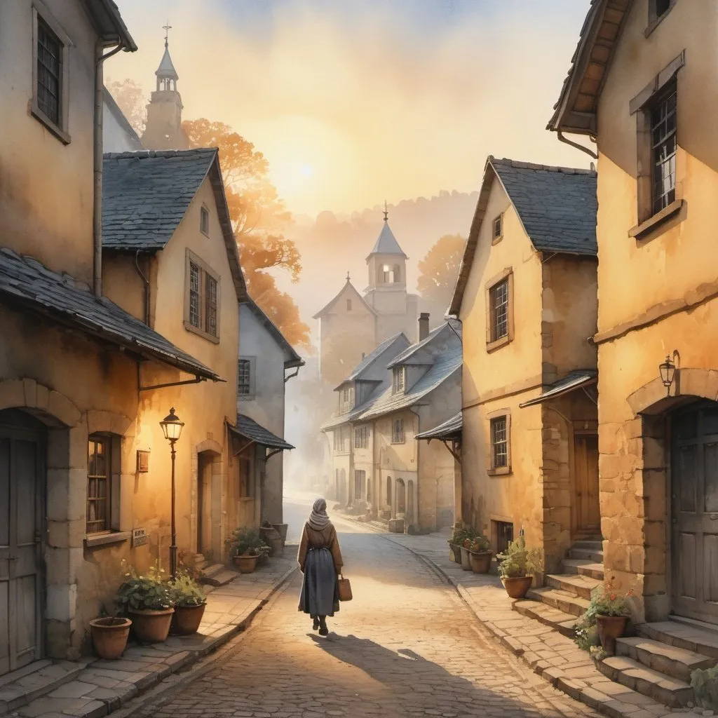 Prompt: Watercolor of a rustic village in the serenity of early morning, cobblestone streets lead to an infirmary, woman walking with purpose, mist clinging low, golden sunrise casting hopeful glow, Greg Rutkowski style, trending on ArtStation, sharp focus, resembling a studio photo, intricate details of village life and architecture, highly detailed, evoking warmth and invitation, dramatic lighting, golden ratio.