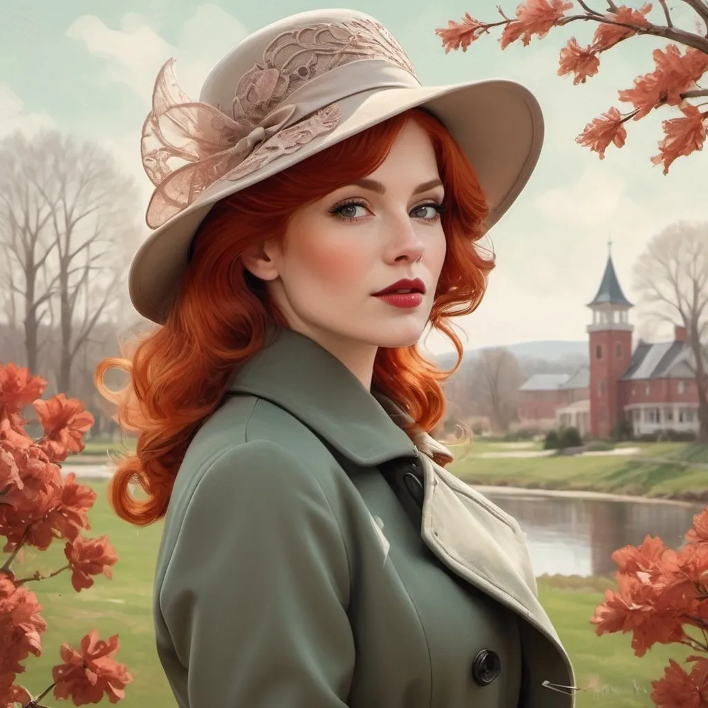 Prompt: half body of a beautiful vintage woman, red hair, wear a coat and hat, spring landscape background, oil painting textures, elements of filigree, style by Harrison Fisher+Martin Ansin, digital painting