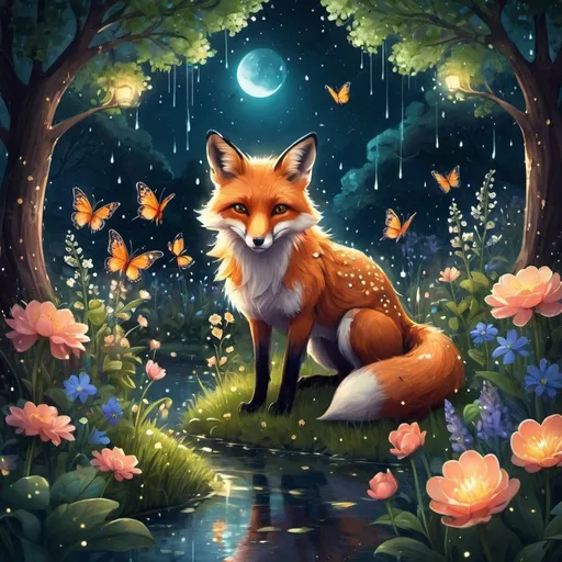 Prompt: Beautiful garden at night. Flowers. Blooming trees. Butterflies. Fox. Glowing raindrops. Magical. Glittering starry night. storybook illustration trending on Artstation fantasy