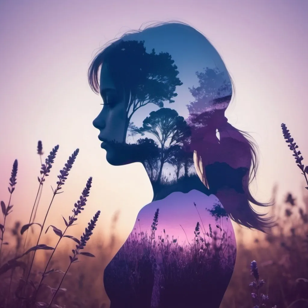 Prompt: double exposure of a silhouette of a girl and a summer meadow, the palette primarily consists of Tropical indigo, Mauve, Uranian blue, Lavender pink, Plum colors; detailed, deep, surreal, warmly bright