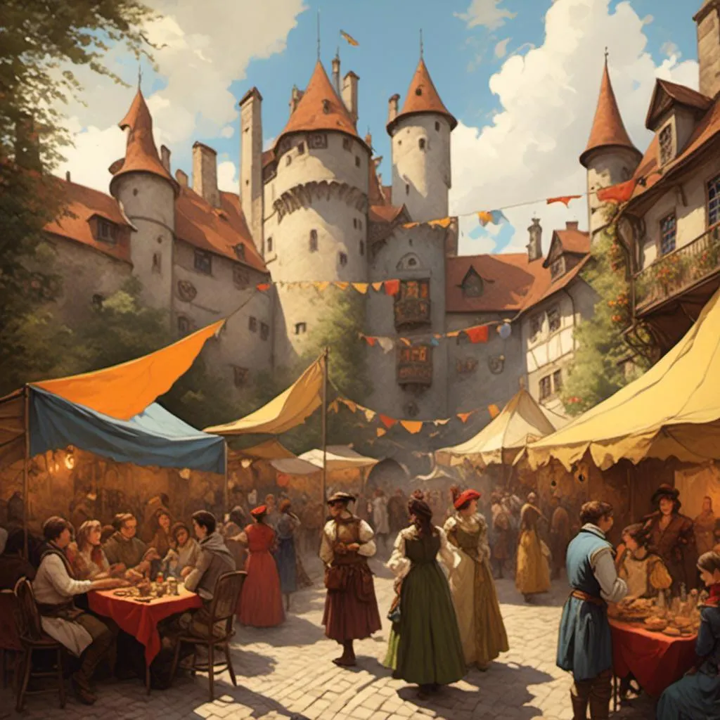 Prompt: <mymodel>a renaissance faire in a castle courtyard, crowds of people, food stands, tables, banners, music, dancing, festival, party, merry, happy, partially clouded, warm, sunny