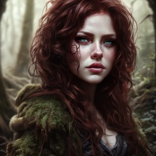 Prompt: Photorealistic portrait of a female, curly dark cherry red hair, forest background, ripped clothing, dark forest green eyes, detailed facial features, DnD, high quality, forest setting, detailed hair, realistic lighting, professional, atmospheric lighting