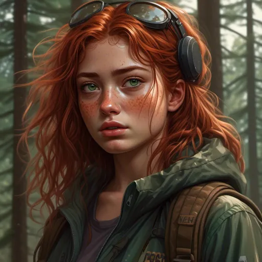 Prompt: <mymodel>High-quality post-apocalyptic digital art illustration of a character with curly cherry red hair, mid back length, forest green eyes, tanned complexion, freckled face, full lips, button nose, natural lighting, standing character, detailed hair, intense and focused gaze, dystopian setting, detailed freckles, professional, atmospheric lighting, post-apocalyptic, digital art, detailed eyes, natural beauty