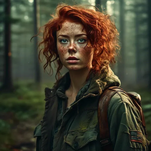 Prompt: <mymodel>High-quality post-apocalyptic digital art illustration of a character with curly wine red hair, mid back length, forest green eyes, tanned complexion, freckled face, full lips, button nose, natural lighting, standing character, detailed hair, intense and focused gaze, dystopian setting, detailed freckles, professional, atmospheric lighting, post-apocalyptic, digital art, detailed eyes, natural beauty