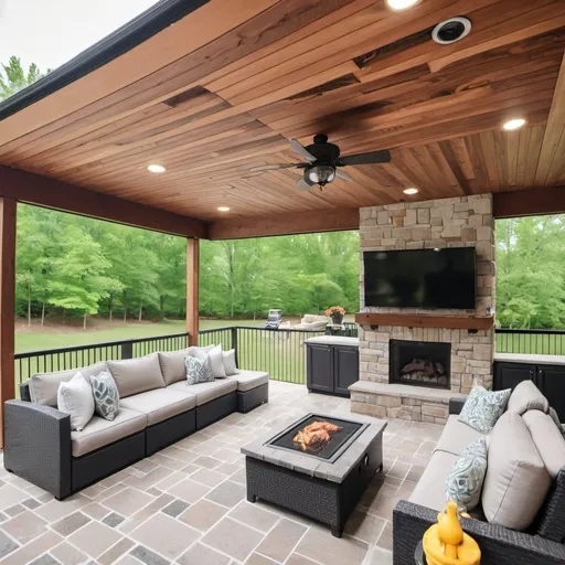 Prompt: create an image of a covered patio with a built in grill, tv, and sectional with cedar ceiling connected to a garage