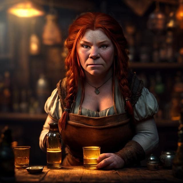 Prompt: older female dwarf barkeeper, long red hair, stocky build, peasants clothes, dimly lit tavern, wall of drinking bottles, high fantasy art style, 4K, high resolution, lens flare, empty tavern, detailed facial features, fantasy, atmospheric lighting