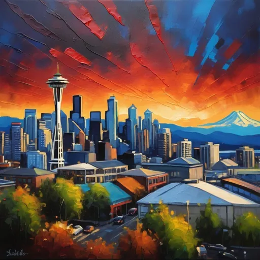 Prompt: Post-modernism oil painting of Seattle skyline, vibrant and textured brushstrokes, iconic Space Needle, contemporary urban landscape, dramatic and moody lighting, high quality, post-modernism, oil painting, Seattle skyline, vibrant brushstrokes, textured, dramatic lighting, urban landscape, Space Needle, contemporary, high quality