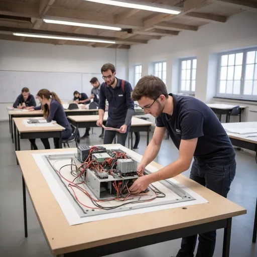 Prompt: Je veux une image pour des étudiants dans un salle de travaux pratiques de matière installation électrique industriel, ils ne comprenons pas le leçon car il n'y a pas une maquette donc ni pratique c'est théorique dans un travaux pratique j'insiste que des étudiants 