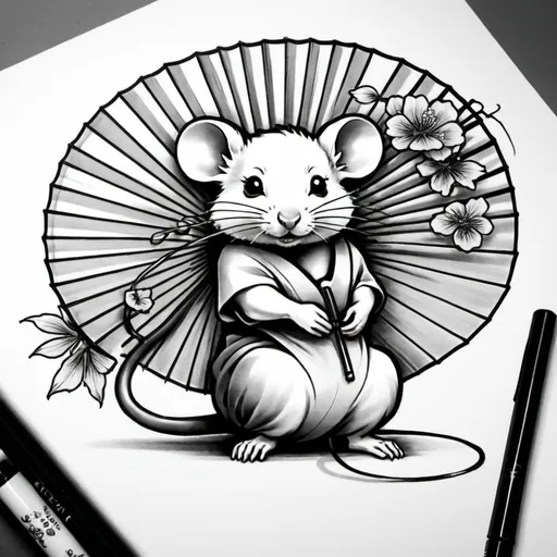 Prompt: Japanese, neotraditional ,fan ,black and white , sketch for tattoo, 
add a cute rat to the fan