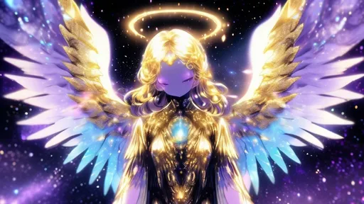 Prompt: a gold and black angelic aura. aurelia. something that shines alot. with big wings and the universe in the background with purple and blue cosmic dust behind in the background