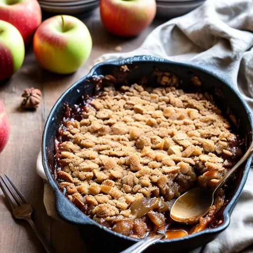 Prompt: a caramelized Apple crisp sitting on a country kitchen table