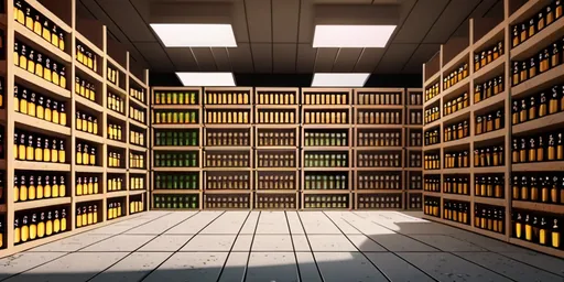 Prompt: Créer une image, format paysage,  16:9, une salle,  remplie d'étagère ou des cartons de bière y sont posées,  le sol en plancher,  les murs en béton,  le style graphique un mélange réaliste jeu vidéo 3D et cartoon 