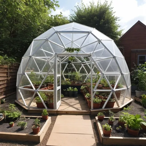 Prompt: 2V geodesic dome greenhouse with pentagons and hexagons