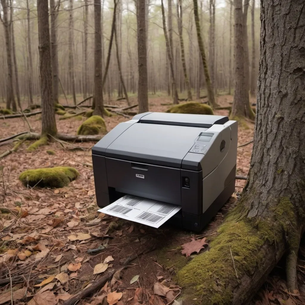 Prompt: An inkjet printer is hiding in the woods