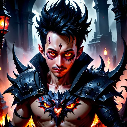 Prompt: (anime demon boy), highly detailed, dramatic lighting, red glowing eyes, dark horns, black spiky hair, intricate facial features, sharp teeth, gothic dark fantasy, shadows, eerie and mysterious atmosphere, crimson and deep silver color tones, ultra-detailed, cinematic, epic storytelling, intricate background with dark thrones and ancient ruins, smoky ambiance, mist, 4K, masterpiece, anime artstyle, dramatic and intense mood.