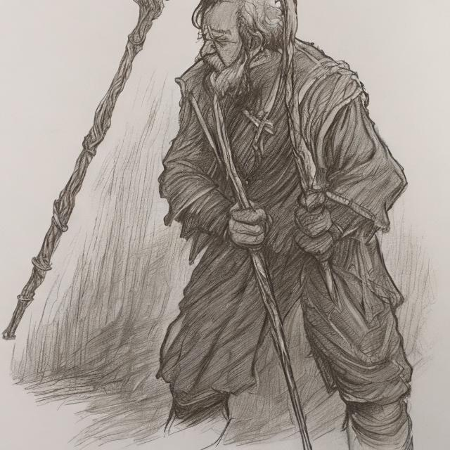 Prompt: gnarled quarterstaff drawing