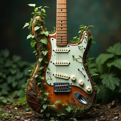 Prompt: a stratocaster with vines literally growing out of it